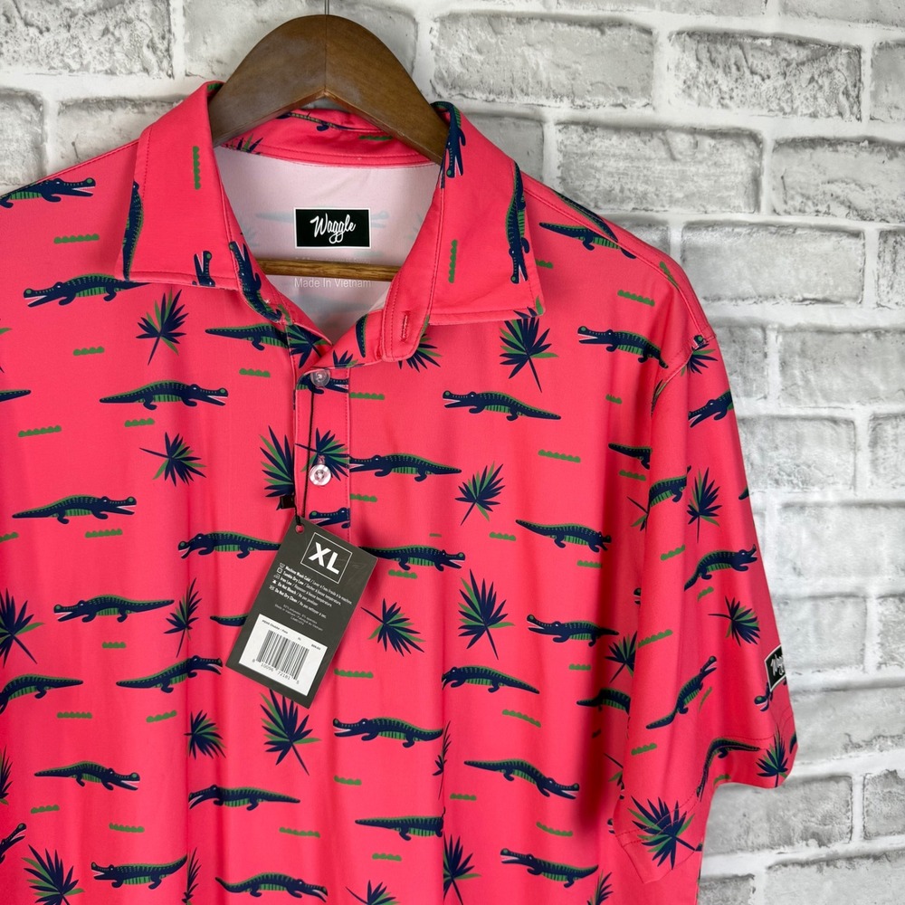 Waggle Golf Performance Men Chubbs Alligator Polo Shirt Pink Short Sleeve XL NEW